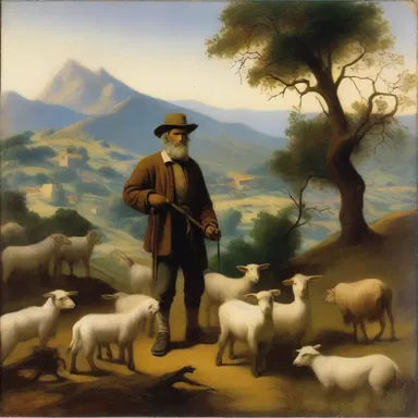 The famous painting portrays a goatherd surrounded by a picturesque landscape and his flock of goats.