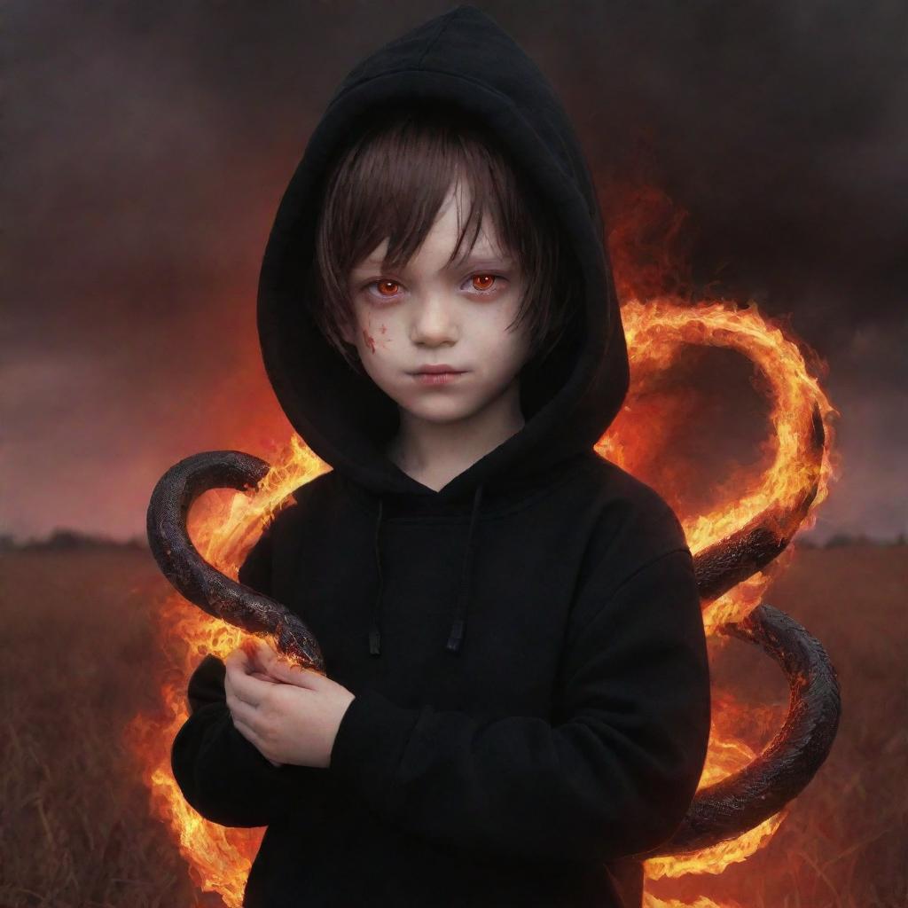 Demonic anime little boy with blazing red eyes, wearing a black hoodie, holding a snake made of fire in a field dyed in red.