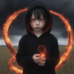 Demonic anime little boy with blazing red eyes, wearing a black hoodie, holding a snake made of fire in a field dyed in red.