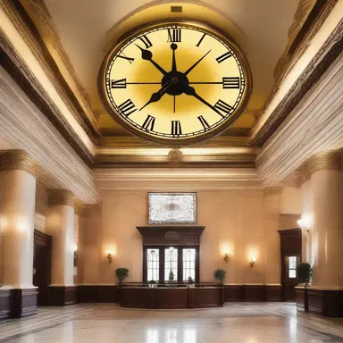 The clock in the grand lobby has a big hand that elegantly points to the minutes.