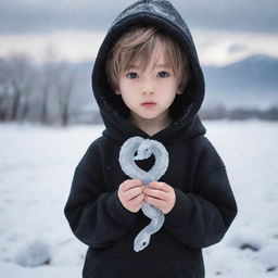 Angelic little anime boy dressed in a black hoodie, holding a snake made of ice in a frost-covered field.