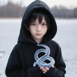 Angelic little anime boy dressed in a black hoodie, holding a snake made of ice in a frost-covered field.