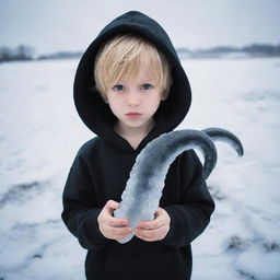 Angelic little anime boy dressed in a black hoodie, holding a snake made of ice in a frost-covered field.