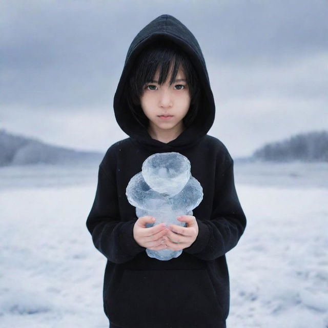 Angelic little anime boy dressed in a black hoodie, holding a snake made of ice in a frost-covered field.