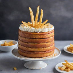 An appealing cake garnished with crispy golden French fries.