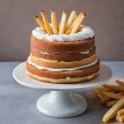 An appealing cake garnished with crispy golden French fries.