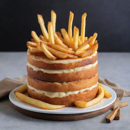 An appealing cake garnished with crispy golden French fries.