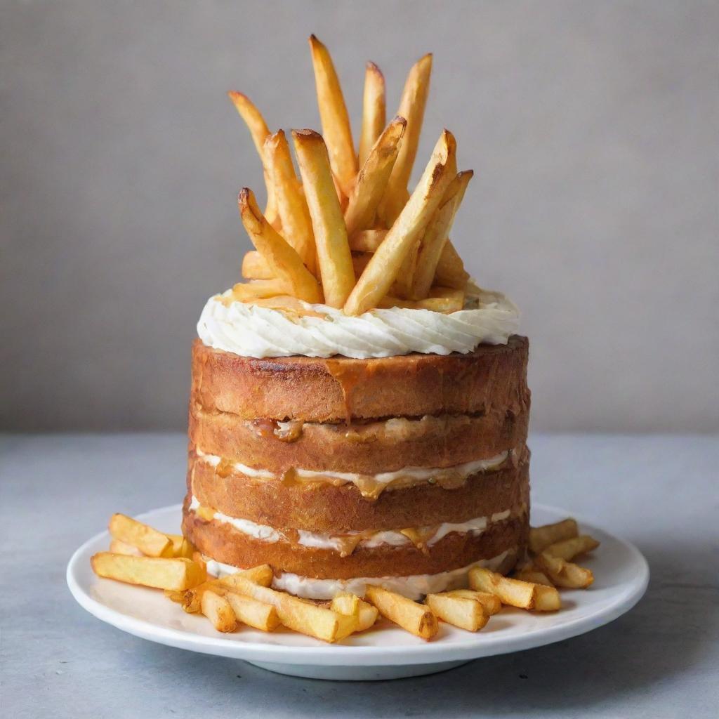 An appealing cake garnished with crispy golden French fries.