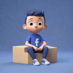 3D illustration of an animated boy character casually sitting on a large, stylized Facebook logo.