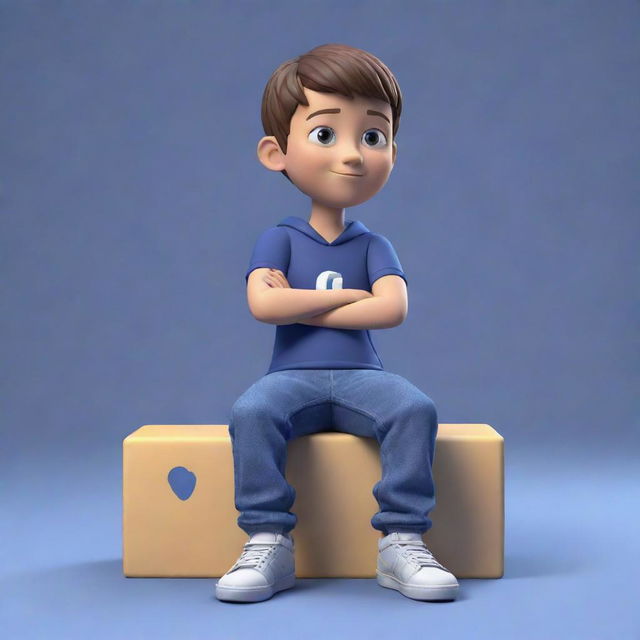 3D illustration of an animated boy character casually sitting on a large, stylized Facebook logo.