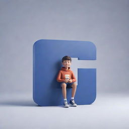 3D illustration of an animated boy character casually sitting on a large, stylized Facebook logo.