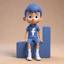 3D illustration of an animated boy character casually sitting on a large, stylized Facebook logo.