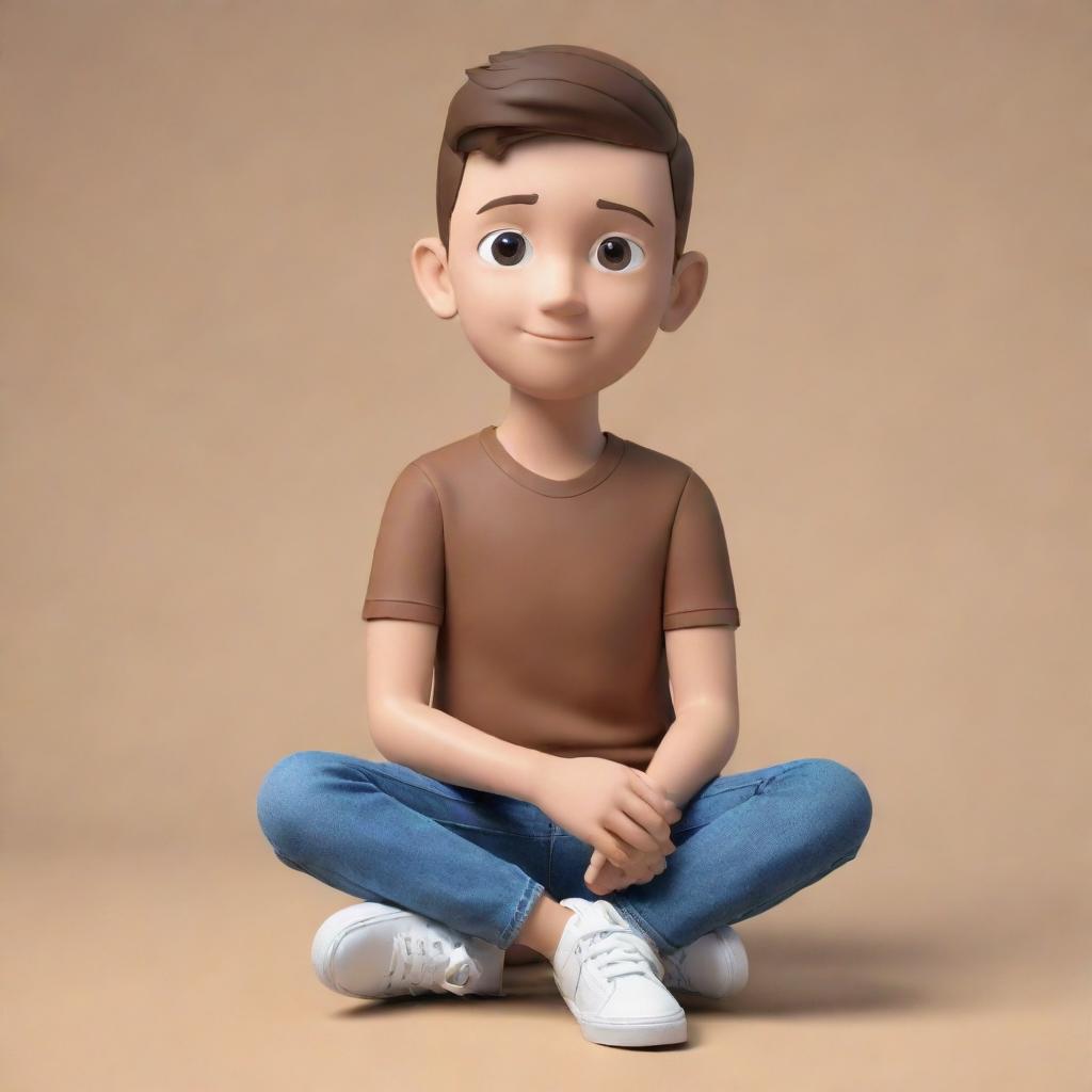 Create a 3D illustration of an animated boy, wearing a brown shirt, beige pants and white shoes, casually sitting atop a Facebook logo. There should be a smartphone displaying a Facebook profile to the boy's left.