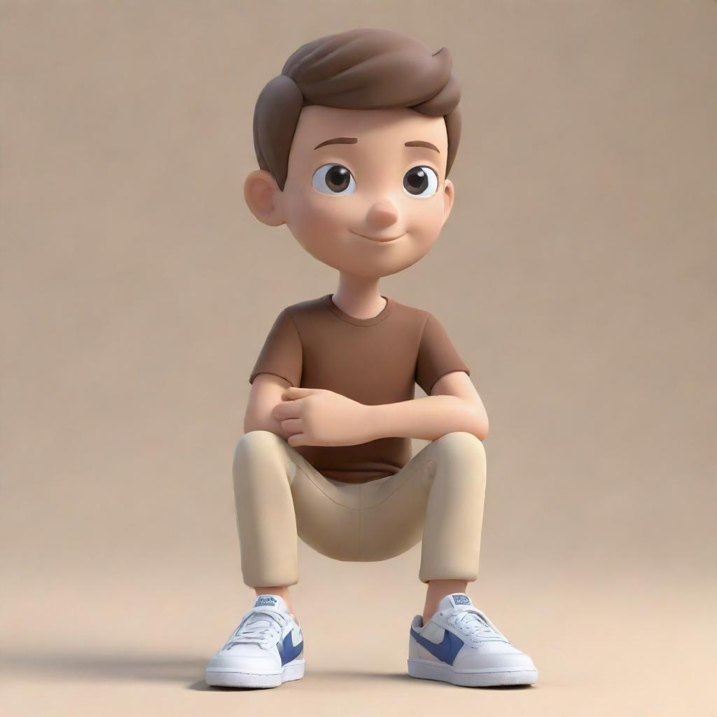 Create a 3D illustration of an animated boy, wearing a brown shirt, beige pants and white shoes, casually sitting atop a Facebook logo. There should be a smartphone displaying a Facebook profile to the boy's left.