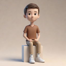 Create a 3D illustration of an animated boy, wearing a brown shirt, beige pants and white shoes, casually sitting atop a Facebook logo. There should be a smartphone displaying a Facebook profile to the boy's left.