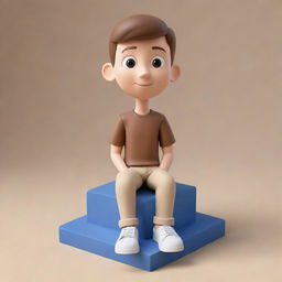 Create a 3D illustration of an animated boy, wearing a brown shirt, beige pants and white shoes, casually sitting atop a Facebook logo. There should be a smartphone displaying a Facebook profile to the boy's left.