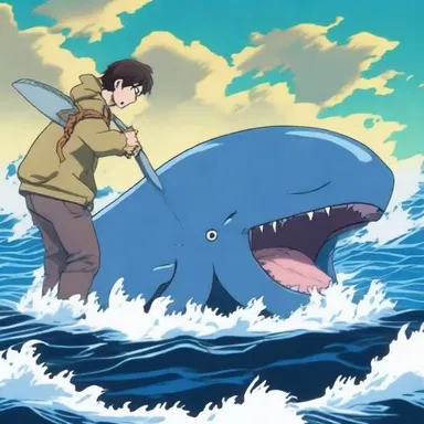 In the anime, the brave whale hunter used a sharp knife to flense the blubber from the giant sea creature.