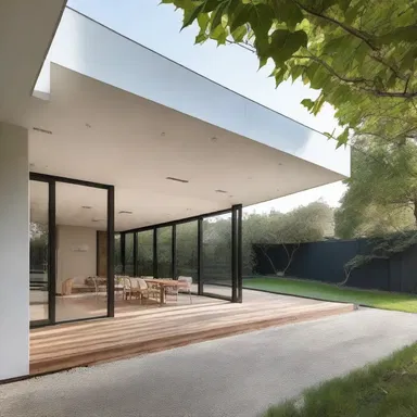 The minimalist design of the modern house featured large windows that flensed the boundaries between indoor and outdoor spaces.