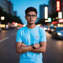 A blur road adorned with glowing lights, featuring a 20-year-old individual wearing a sky-blue fitness t-shirt, luxury red-black casual watch on one hand, and medium luxury glasses. Exudes an aura of casual luxury and beauty