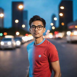 A blur road adorned with glowing lights, featuring a 20-year-old individual wearing a sky-blue fitness t-shirt, luxury red-black casual watch on one hand, and medium luxury glasses. Exudes an aura of casual luxury and beauty