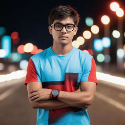 A blur road adorned with glowing lights, featuring a 20-year-old individual wearing a sky-blue fitness t-shirt, luxury red-black casual watch on one hand, and medium luxury glasses. Exudes an aura of casual luxury and beauty