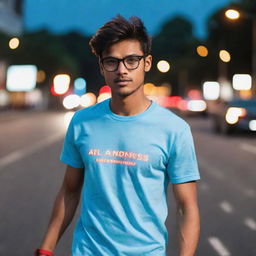 A blur road adorned with glowing lights, featuring a 20-year-old individual wearing a sky-blue fitness t-shirt, luxury red-black casual watch on one hand, and medium luxury glasses. Exudes an aura of casual luxury and beauty