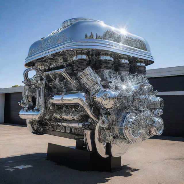 An enormous V8 engine the size of a house, intricately detailed with chrome and steel finishings that gleams under the sun.