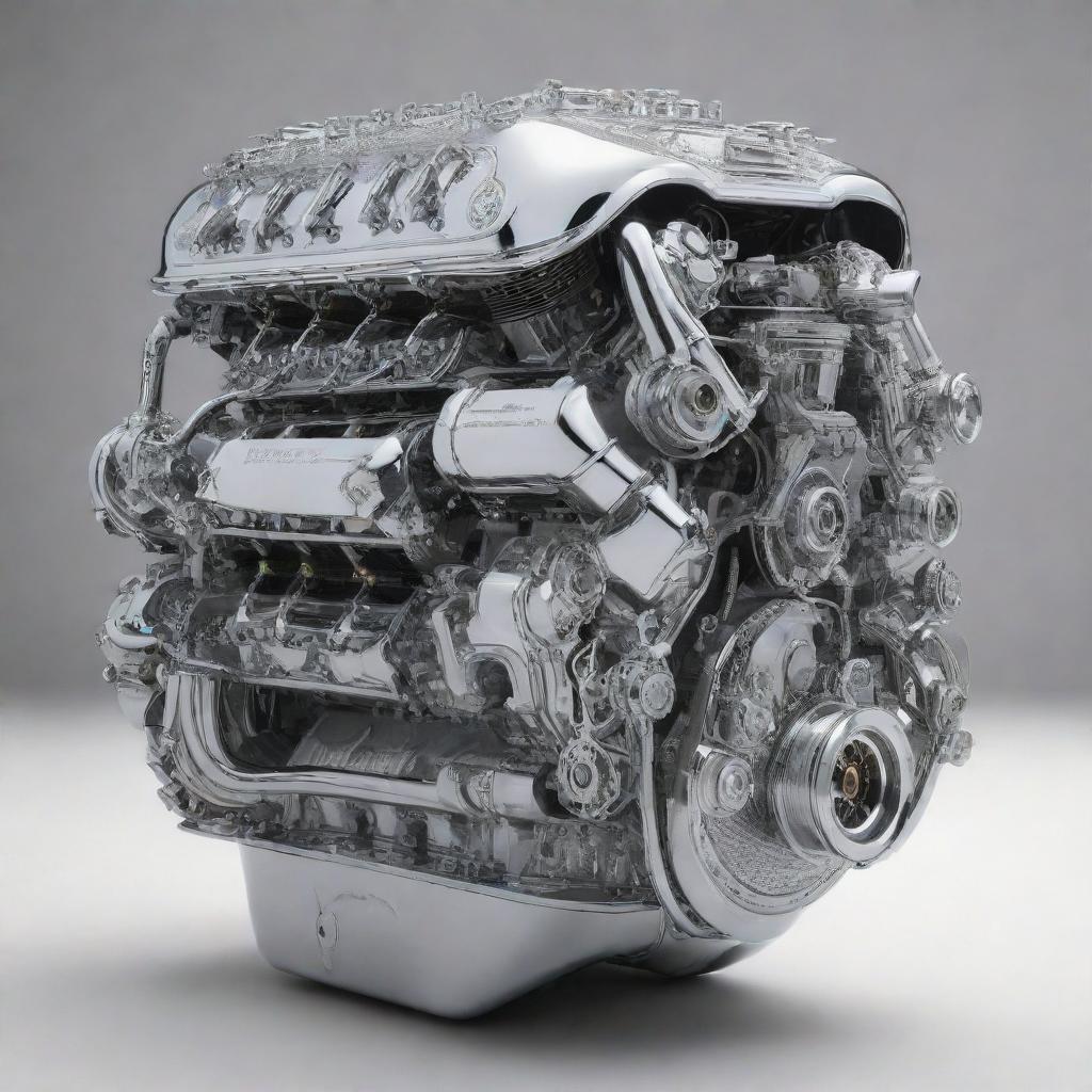 An enormous V8 engine the size of a house, intricately detailed with chrome and steel finishings that gleams under the sun.