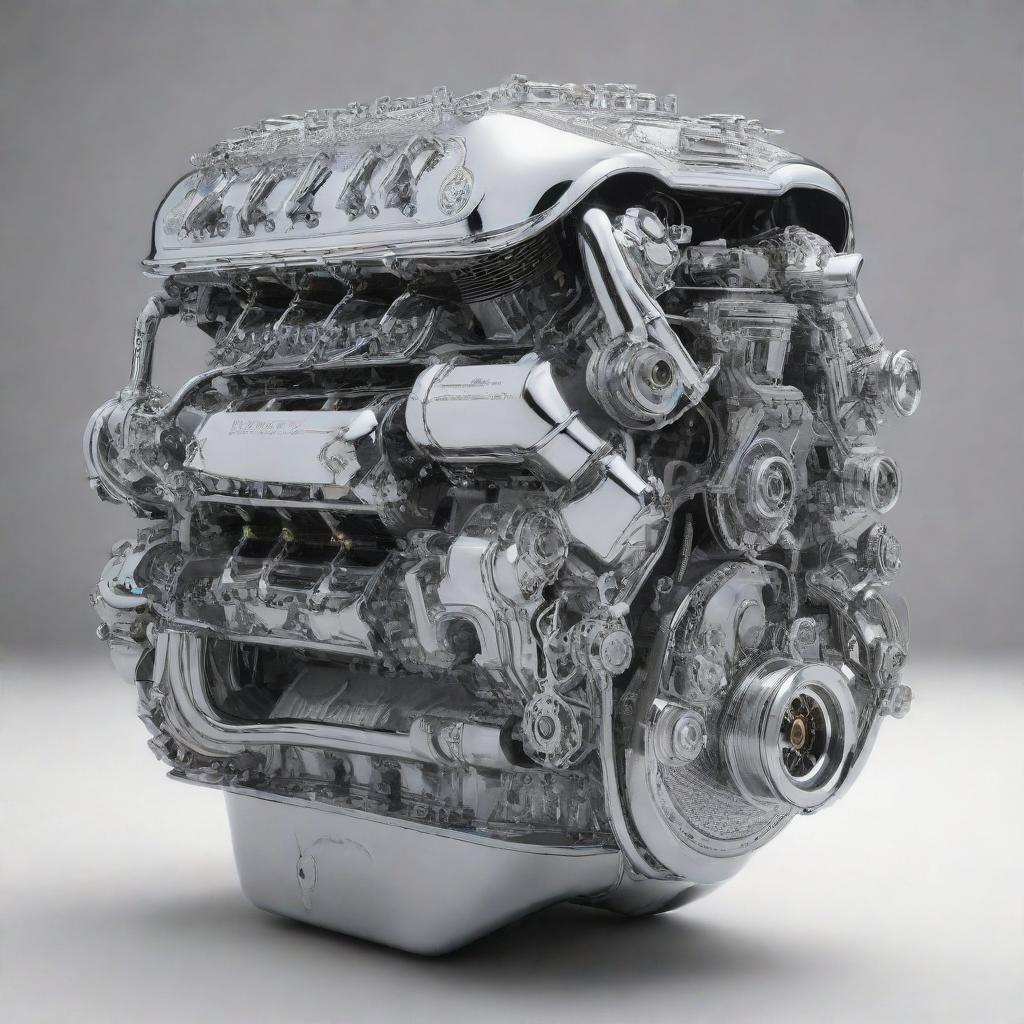 An enormous V8 engine the size of a house, intricately detailed with chrome and steel finishings that gleams under the sun.