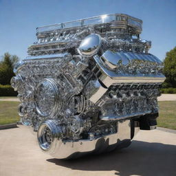 An enormous V8 engine the size of a house, intricately detailed with chrome and steel finishings that gleams under the sun.