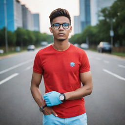 A fit 20-year-old wearing a sky blue t-shirt, a luxurious red and black casual watch, and luxury glasses, standing on a blurred road with random glows around.