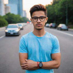 A fit 20-year-old wearing a sky blue t-shirt, a luxurious red and black casual watch, and luxury glasses, standing on a blurred road with random glows around.