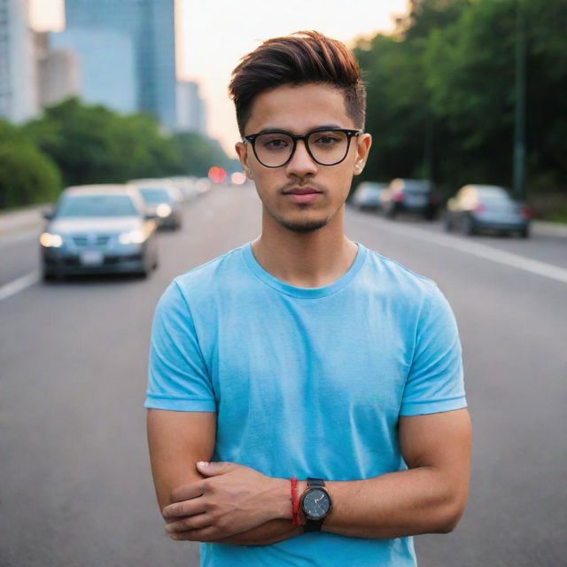 A fit 20-year-old wearing a sky blue t-shirt, a luxurious red and black casual watch, and luxury glasses, standing on a blurred road with random glows around.