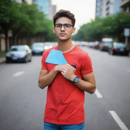 A fit 20-year-old wearing a sky blue t-shirt, a luxurious red and black casual watch, and luxury glasses, standing on a blurred road with random glows around.