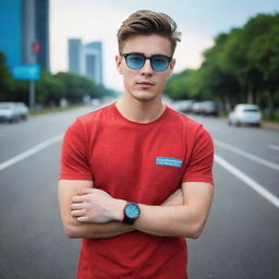 A fit 20-year-old wearing a sky blue t-shirt, a luxurious red and black casual watch, and luxury glasses, standing on a blurred road with random glows around.