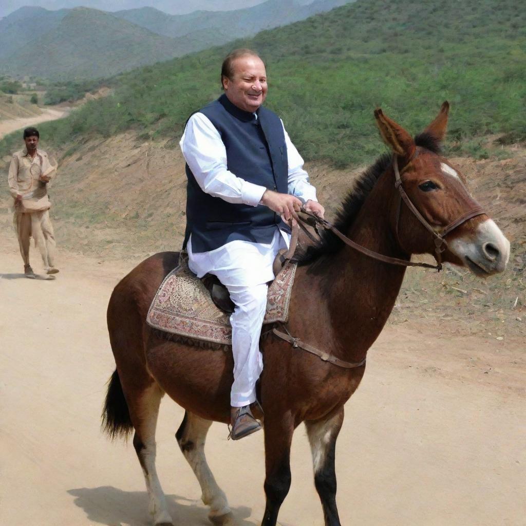 Nawaz Sharif, former Pakistani Prime Minister, happily riding a donkey in a traditional Pakistani cultural context