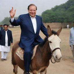 Nawaz Sharif, former Pakistani Prime Minister, happily riding a donkey in a traditional Pakistani cultural context