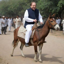 Nawaz Sharif, former Pakistani Prime Minister, happily riding a donkey in a traditional Pakistani cultural context