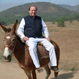 Nawaz Sharif, former Pakistani Prime Minister, happily riding a donkey in a traditional Pakistani cultural context