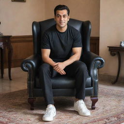 A 20-year-old young man named Salman, dressed in a black shirt and casual sneakers, comfortably sitting on a lavish wingchair.