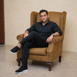 A 20-year-old young man named Salman, dressed in a black shirt and casual sneakers, comfortably sitting on a lavish wingchair.