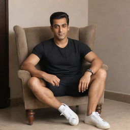 A 20-year-old young man named Salman, dressed in a black shirt and casual sneakers, comfortably sitting on a lavish wingchair.