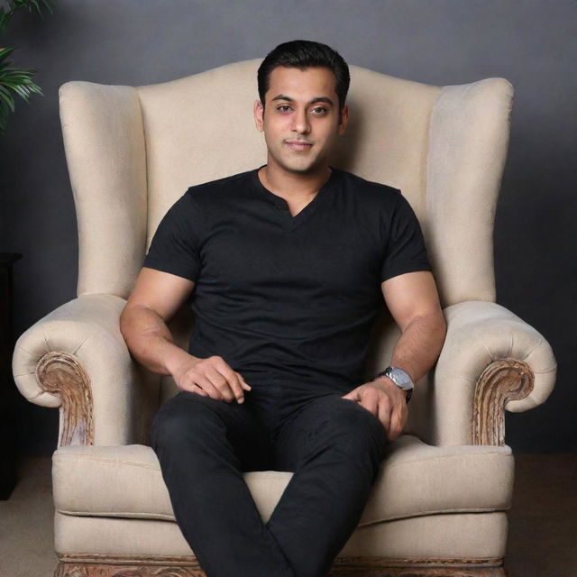 A 20-year-old young man named Salman, dressed in a black shirt and casual sneakers, comfortably sitting on a lavish wingchair.