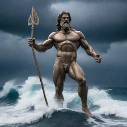 Poseidon, the mighty god of the sea, standing tall with his trident, surrounded by crashing ocean waves against the backdrop of a stormy sky.