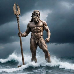 Poseidon, the mighty god of the sea, standing tall with his trident, surrounded by crashing ocean waves against the backdrop of a stormy sky.