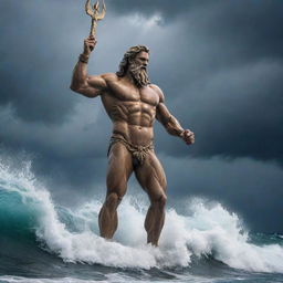 Poseidon, the mighty god of the sea, standing tall with his trident, surrounded by crashing ocean waves against the backdrop of a stormy sky.