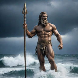 Poseidon, the mighty god of the sea, standing tall with his trident, surrounded by crashing ocean waves against the backdrop of a stormy sky.