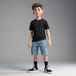 3D illusion of a 20-year-old cartoon character boy wearing a black shirt with sneakers