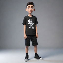 3D illusion of a 20-year-old cartoon character boy wearing a black shirt with sneakers