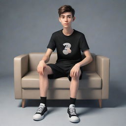 3D illusion of a 20-year-old cartoon character boy wearing a black shirt with sneakers, sitting on a sofa